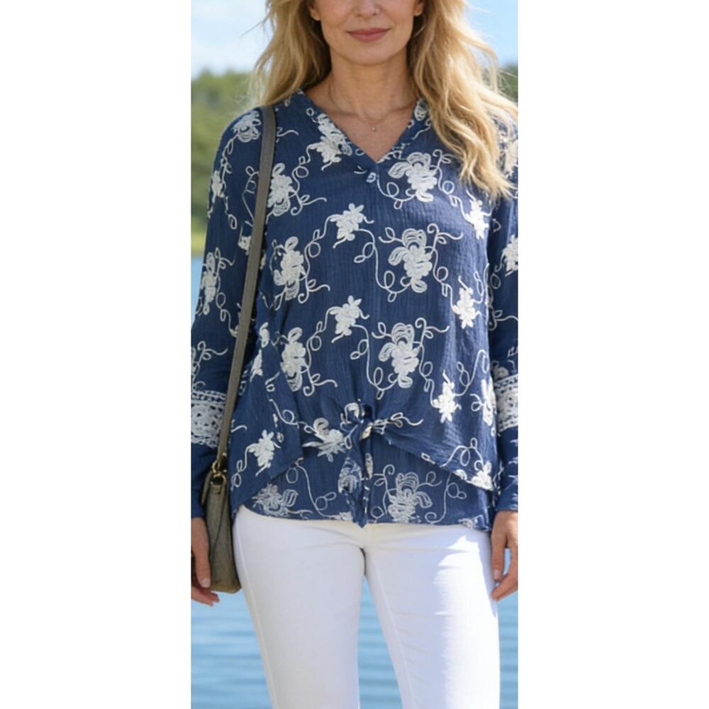 Lauen Michelle 100 %  Cotton / Blue Embroidered Shirt - Picture 4 of 9